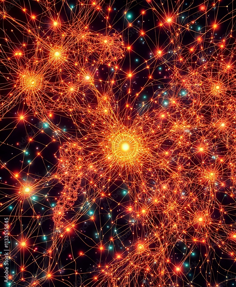 Fototapeta premium Abstract Data Visualization - Interconnected Nodes Glowing Orange on Black Background