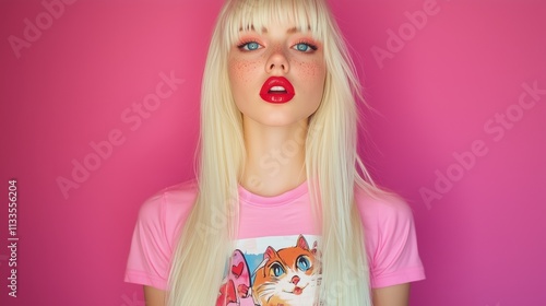 Blonde woman with bangs and red lipstick against pink background.