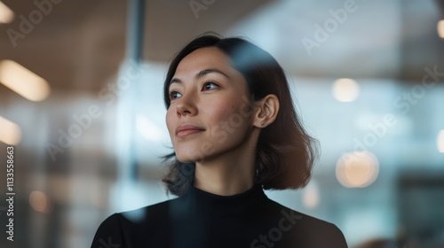 Kazakh businesswoman contemplating opportunities in a modern office environment during the early afternoon