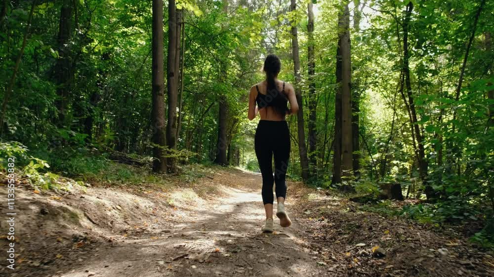 Young beautiful fitness woman in black top and leggings running outdoor in park at warm summer day. Female athlete jogging in the forest. Tracking cinematic slow motion shot. Fitness workout Young beautiful fitness woman in black top and leggings running outdoor in park at warm summer day. Female athlete jogging in the forest. Tracking cinematic slow motion shot. Fitness workout