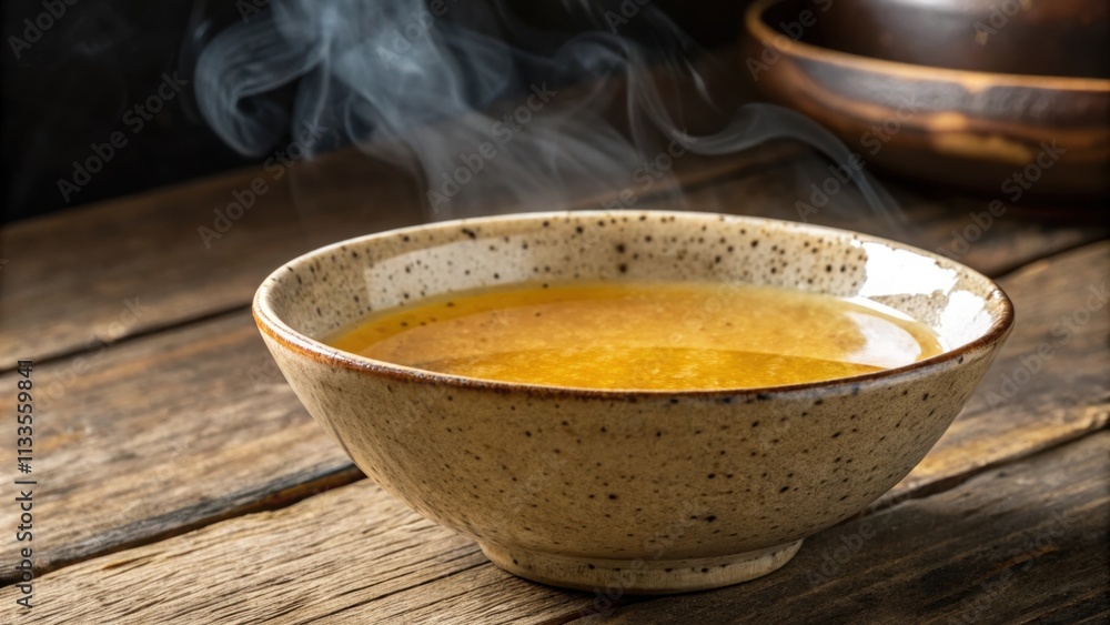 A beautifully uneven handthrown bowl filled with bright golden bone broth sits at the forefront steam billowing gently into the cool air. The surface of the broth captures A beautifully uneven handthrown bowl filled with bright golden bone broth sits at the forefront steam billowing gently into the cool air. The surface of the broth captures