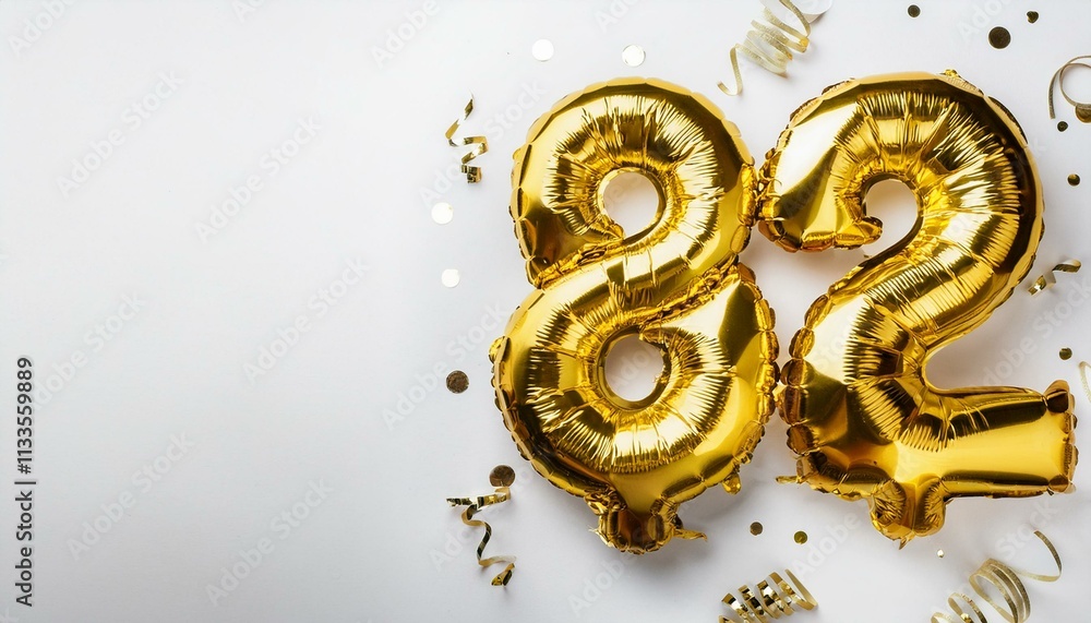 Obraz premium Number 82 golden balloons on white background with copy space. Generated image