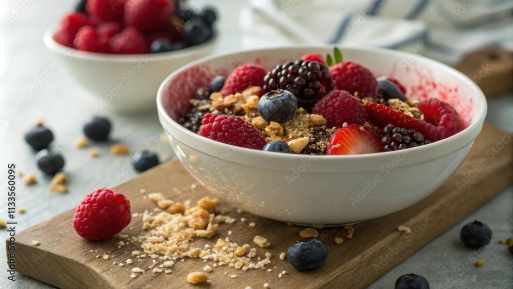 A shallow bowl filled with a variety of sunrid berries layered artfully surrounded by a light tering of crushed nuts. The interplay of textures is captivating as the A shallow bowl filled with a variety of sunrid berries layered artfully surrounded by a light tering of crushed nuts. The interplay of textures is captivating as the