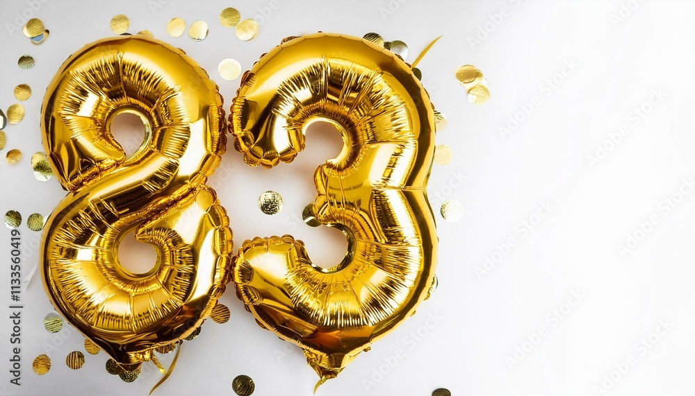 Number 83 golden balloons on white background with copy space. Generated image Number 83 golden balloons on white background with copy space. Generated image