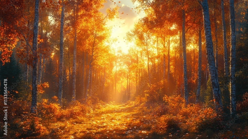 Fototapeta premium Golden autumn forest path, sunlit leaves.