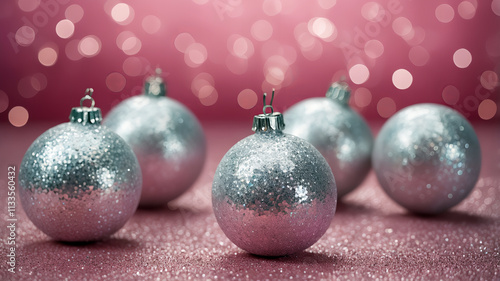 Shiny silver glass baubles on pink background, Christmas decorations, ready to celebrate the holiday season photo