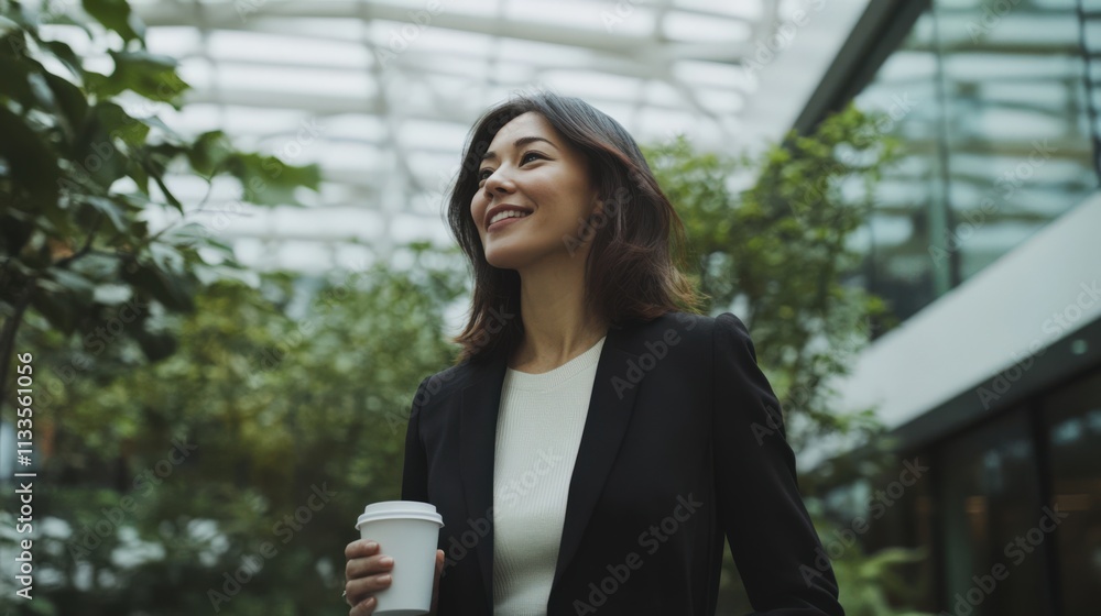 Kazakh businesswoman enjoying a coffee in a lush indoor garden setting during a sunny day Kazakh businesswoman enjoying a coffee in a lush indoor garden setting during a sunny day