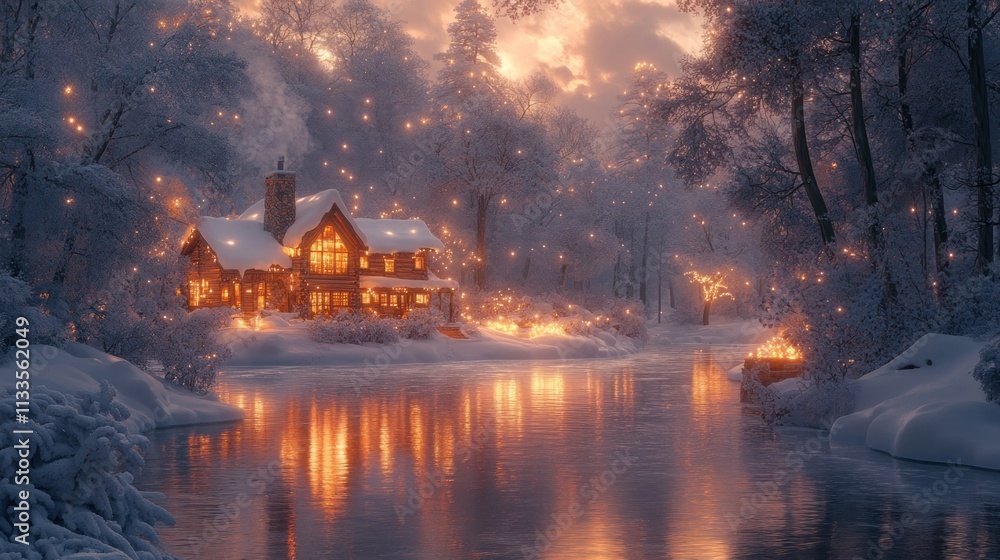 Obraz premium Snow-covered cabin, glowing lights, winter river.
