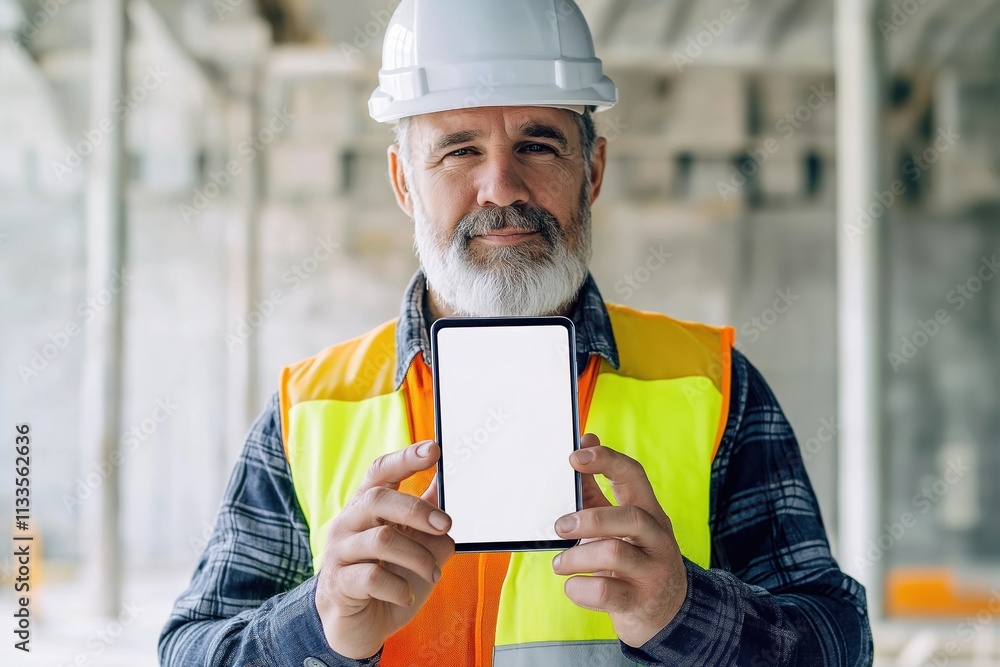Engineer shows modern smartphone. Construction worker holds blank phone screen. In construction site. Photo shows tech innovation. Person uses new tech in pro field. Engineer works with technology. Engineer shows modern smartphone. Construction worker holds blank phone screen. In construction site. Photo shows tech innovation. Person uses new tech in pro field. Engineer works with technology.
