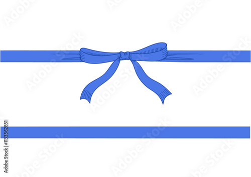 Vintage style decorated long blue bow and ribbon. Hand drawn vintage line art vector illustration.