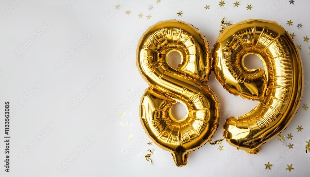 Number 89 golden balloons on white background with copy space. Generated image Number 89 golden balloons on white background with copy space. Generated image