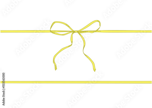 Vintage style decorated long yellow bow and ribbon. Hand drawn vintage line art vector illustration. 