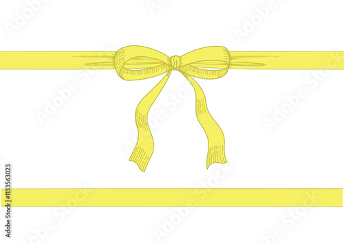 Vintage style decorated long yellow bow and ribbon. Hand drawn vintage line art vector illustration. 