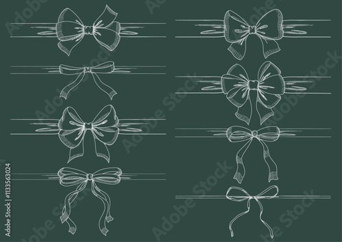 Vintage style decorated long white line bow and ribbon. Hand drawn vintage line art vector illustration.
