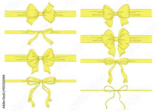 Vintage style decorated long yellow bow and ribbon. Hand drawn vintage line art vector illustration. 