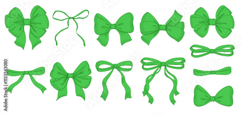 Vintage style decorated green bow and ribbon. Hand drawn vintage line art vector illustration.