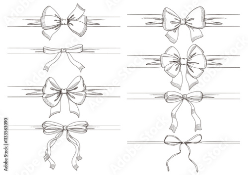 Set of long  bow and ribbon. Hand drawn vintage line art. Ink sketched vector illustration.