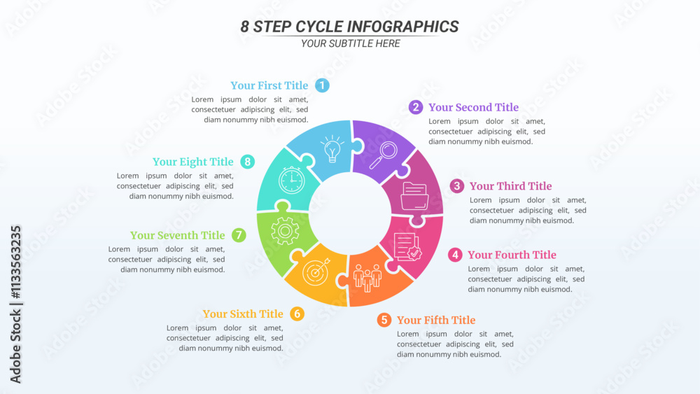 Fototapeta premium 8 Steps Cycle Infographics with Editable Text on a 16:9 Layout for Business Presentation, Poster, Banner and Booklet.