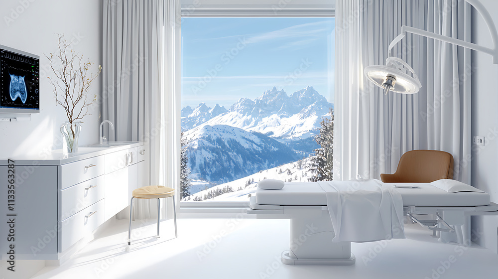 serene medical room with stunning mountain view, featuring treatment table, modern equipment, and bright natural light serene medical room with stunning mountain view, featuring treatment table, modern equipment, and bright natural light