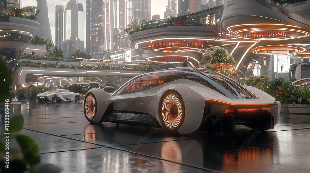 Naklejka premium Futuristic car design in vibrant city with advanced architecture and greenery