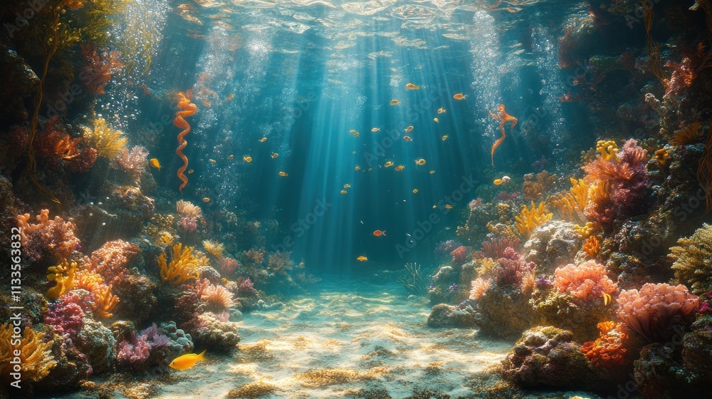 Naklejka premium Vibrant coral reef, sunlit ocean floor, colorful fish.