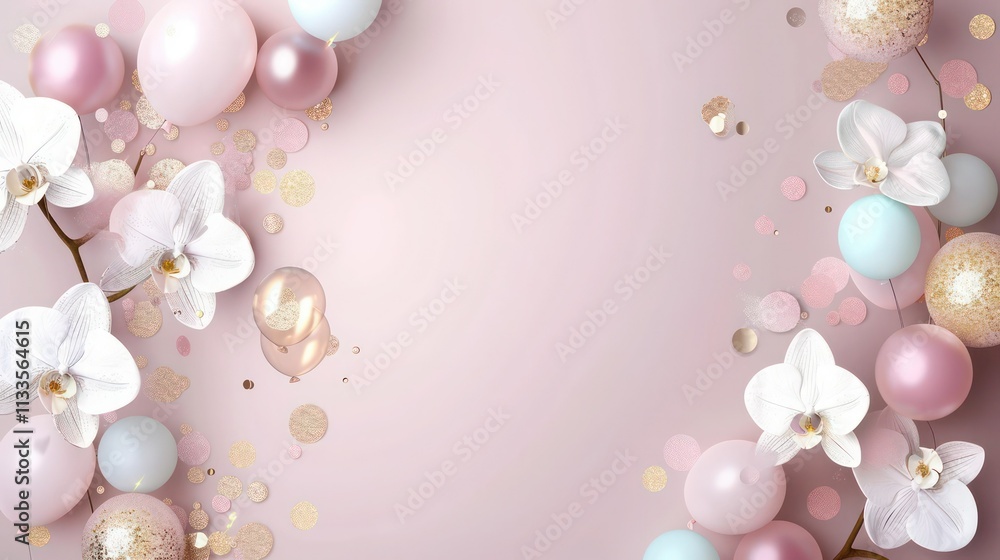 Light mauve vertical background embellished with white orchids, floating pastel balloons, and subtle golden glitter for a baby announcement Light mauve vertical background embellished with white orchids, floating pastel balloons, and subtle golden glitter for a baby announcement