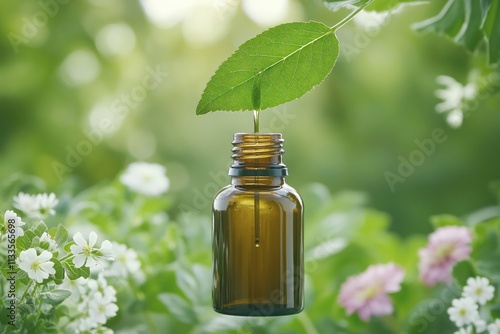 Natural plant extracts essence drops into brown bottle. Herbal medicine concept. Natural essence flows from fresh green leaf to dark bottle. Eco friendly alternative medicine. Green nature