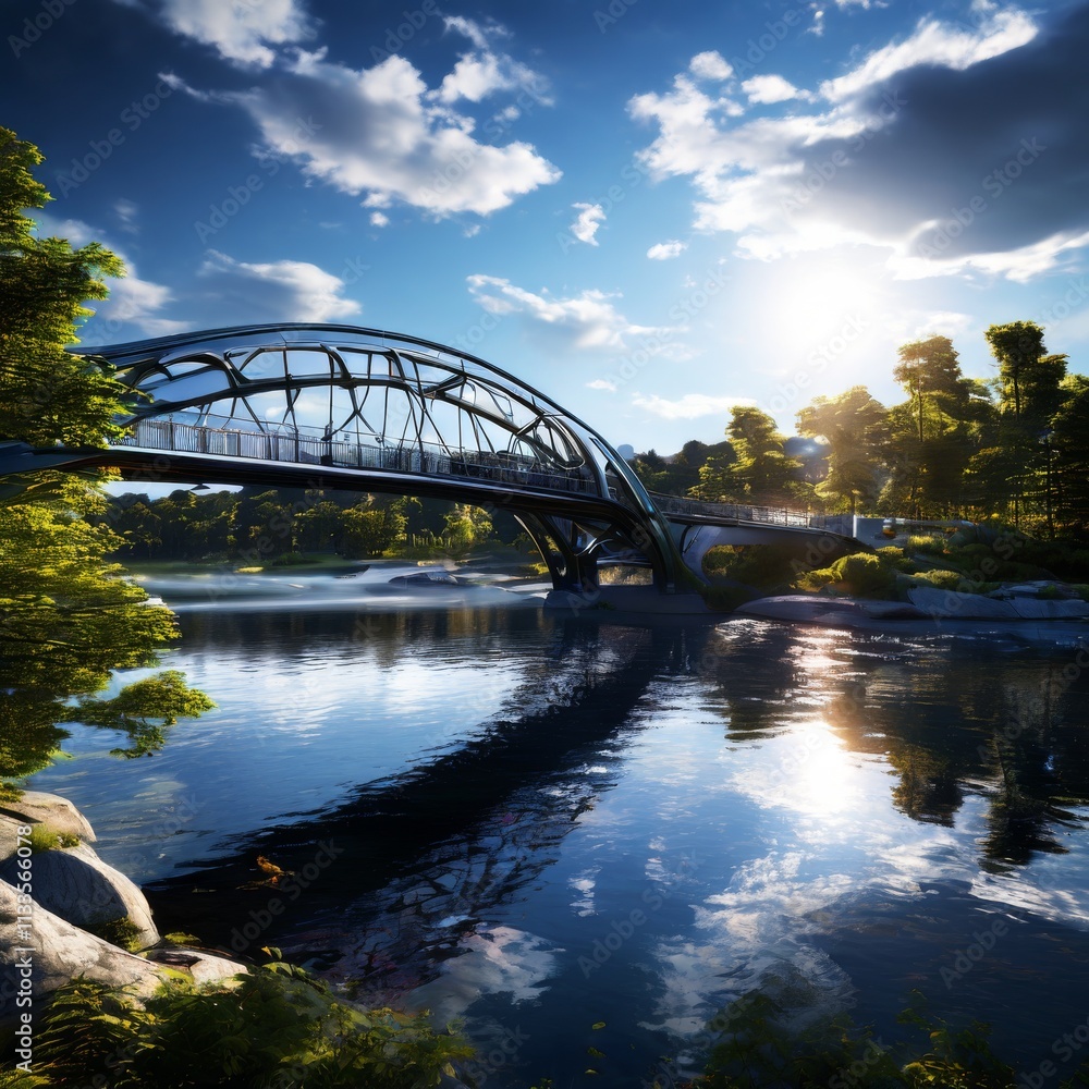 Fototapeta premium A sleek, modern steel bridge spans a calm river under a glowing sunset. The tranquil water reflects the structure and the surrounding trees, creating a serene landscape of natural beauty combined with