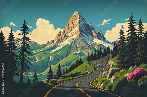 Vintage Mountain Travel Scene - Art Deco Poster