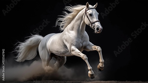 Majestic white horse gallops powerfully against dark background. Powerful motion, elegant form. Dramatic contrast. Photo evokes freedom, speed. Suitable for animal lovers, equestrian themes. Suitable photo