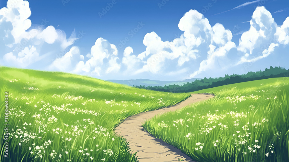Fototapeta premium Winding Path Through a Sunny Grassy Field