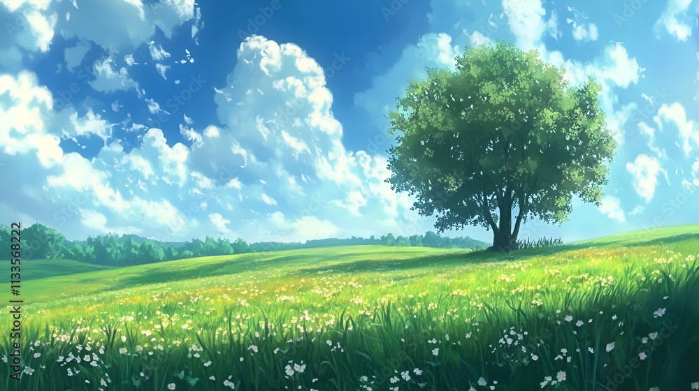 Fototapeta premium Serene Summer Landscape With Single Tree And Flower Field