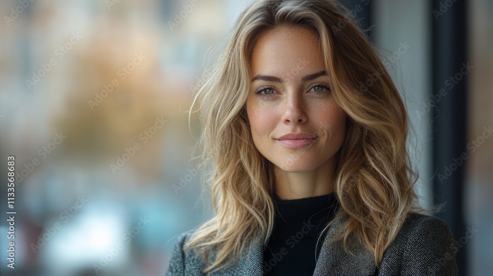 Young caucasian female smiling in urban setting with wavy blond hair and gray coat Young caucasian female smiling in urban setting with wavy blond hair and gray coat