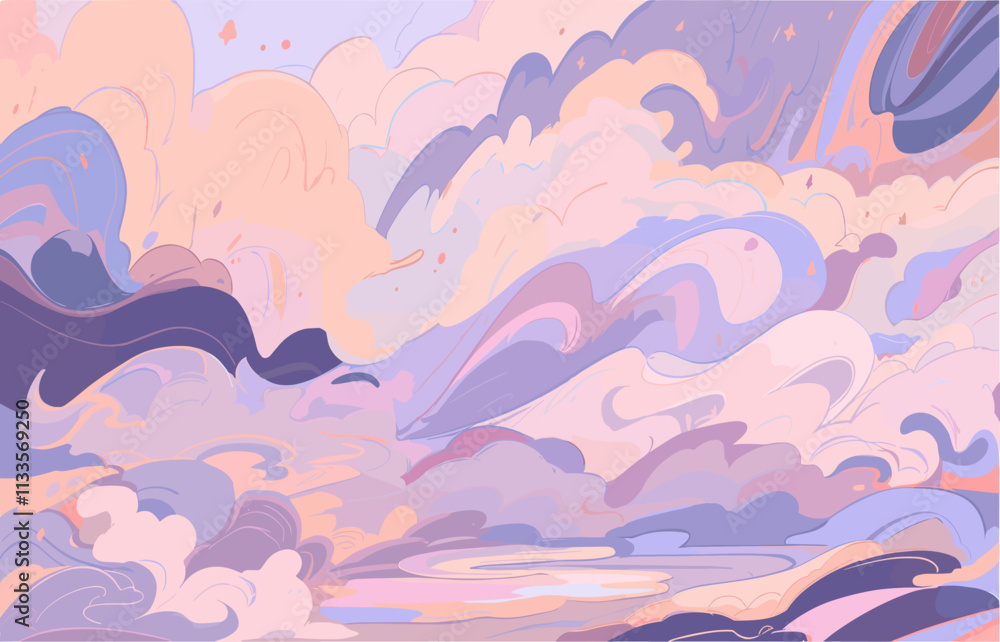 Painting of a cloudy sky with a body of water in the foreground Painting of a cloudy sky with a body of water in the foreground