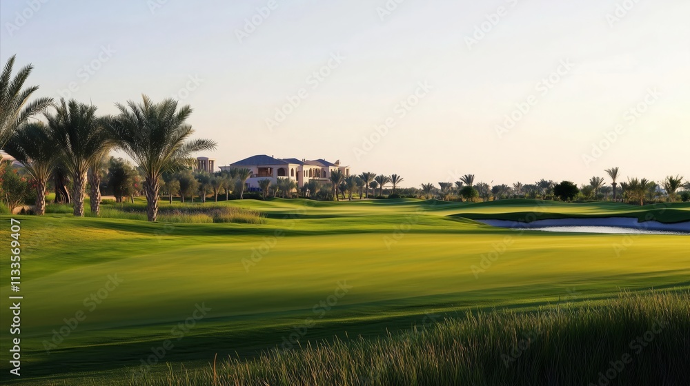 Naklejka premium Golf course with a green grassy field and a house in the background