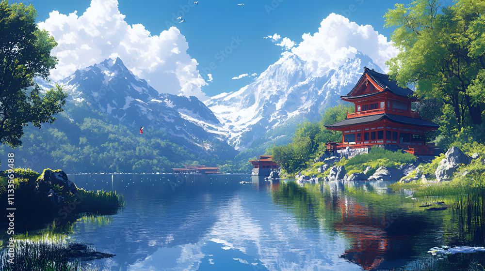 Fototapeta premium Serene Mountain Lake Temple Peaceful Landscape