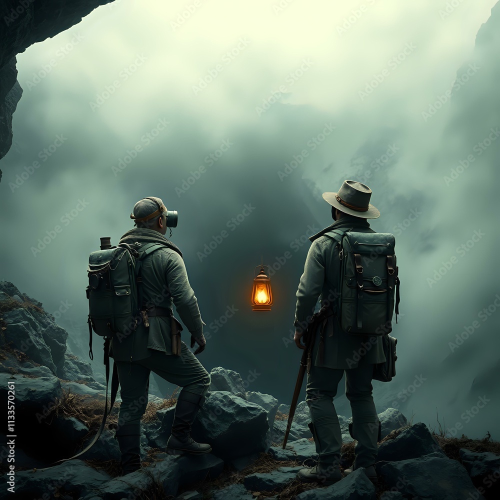 Victorian Explorers Resting on a Misty Cliff Victorian Explorers Resting on a Misty Cliff
