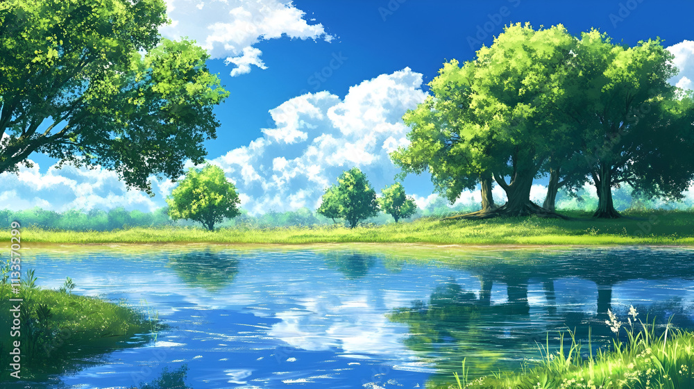 Serene Summer Landscape with Lush Trees and Calm Water Serene Summer Landscape with Lush Trees and Calm Water