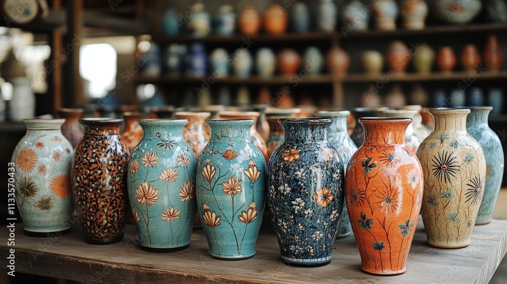 Ornate floral vases displayed on wooden shelf. Ornate floral vases displayed on wooden shelf.