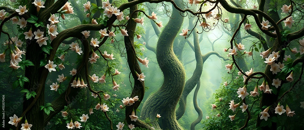 Naklejka premium Whimsical Forest Trail with Vibrant Blooms