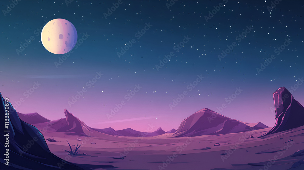 Fototapeta premium Alien Desert Landscape Underneath a Large Moon and Starry Sky
