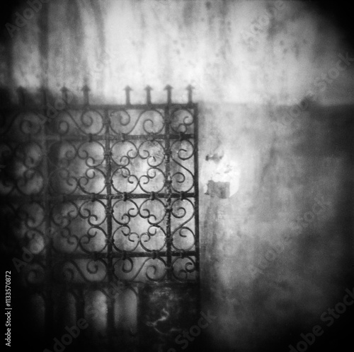 Black and white image of a metal gate leaning agains a wall, Rabat, Morocco photo