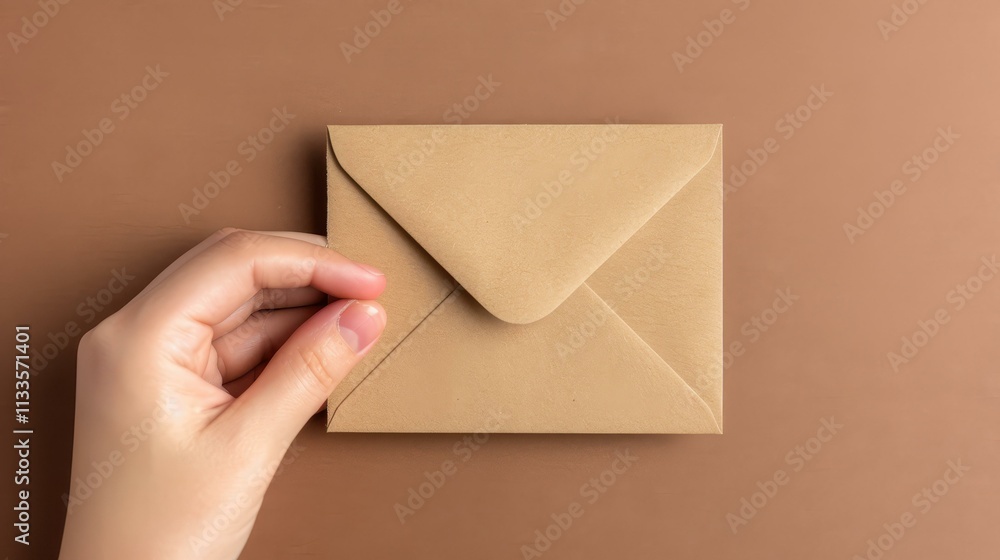 Fototapeta premium Ecofriendly kraft paper envelope with a hand display, perfect for sending cards, letters, and invitations. Space for your text