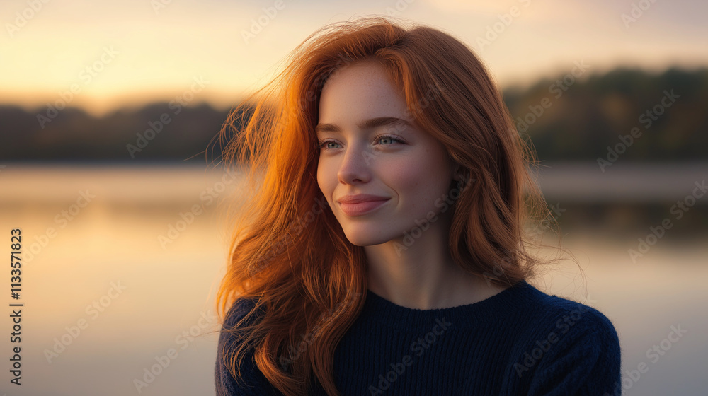 Red-haired woman smiling at sunset by a tranquil lake Red-haired woman smiling at sunset by a tranquil lake
