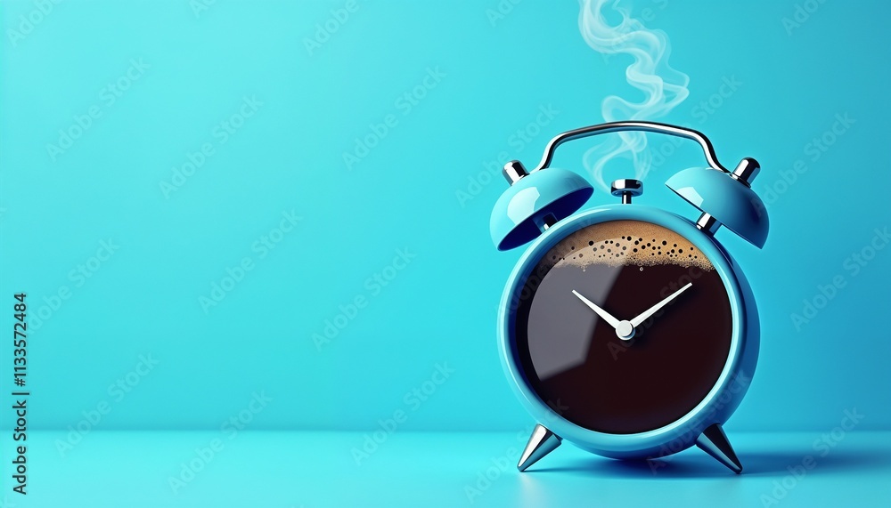Creative concept design combining a coffee centerpiece with an alarm clock illustration over a blue background for thematic representation.
Creative concept design combining a coffee centerpiece with an alarm clock illustration over a blue background for thematic representation.