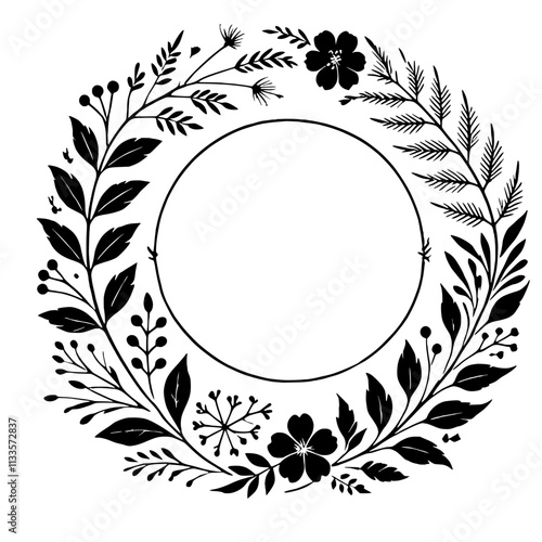 Floral Wreath Frame: A delicate and elegant floral wreath frame in black silhouette. Perfect for adding a touch of nature and romance to your designs.  