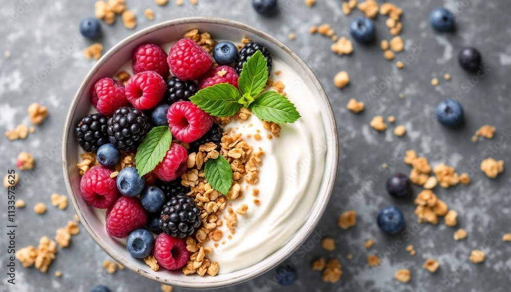 Nutritious breakfast featuring yogurt topped with granola, fresh raspberries, blackberries, and blueberries, garnished with mint leaves. Ideal for promoting healthy eating, breakfast, or snack concept Nutritious breakfast featuring yogurt topped with granola, fresh raspberries, blackberries, and blueberries, garnished with mint leaves. Ideal for promoting healthy eating, breakfast, or snack concept