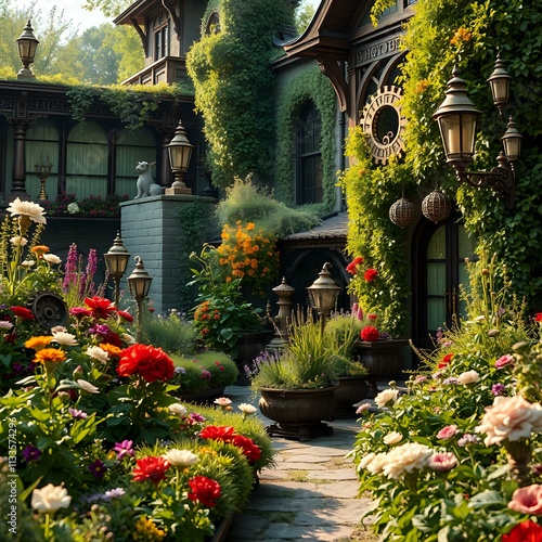 Steampunk Garden Scene with Victorian House