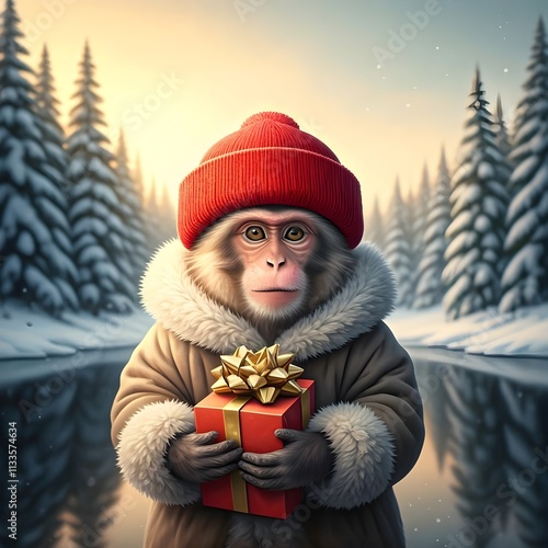 Digital matte painting of a little monkey in a red hat holding a large Christmas box with a bow in its paws. photo