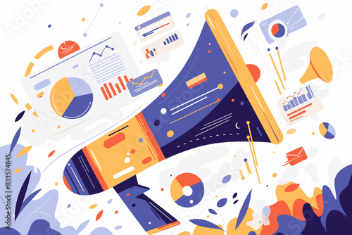 Blue and yellow megaphone with a bunch of graphs and numbers on it